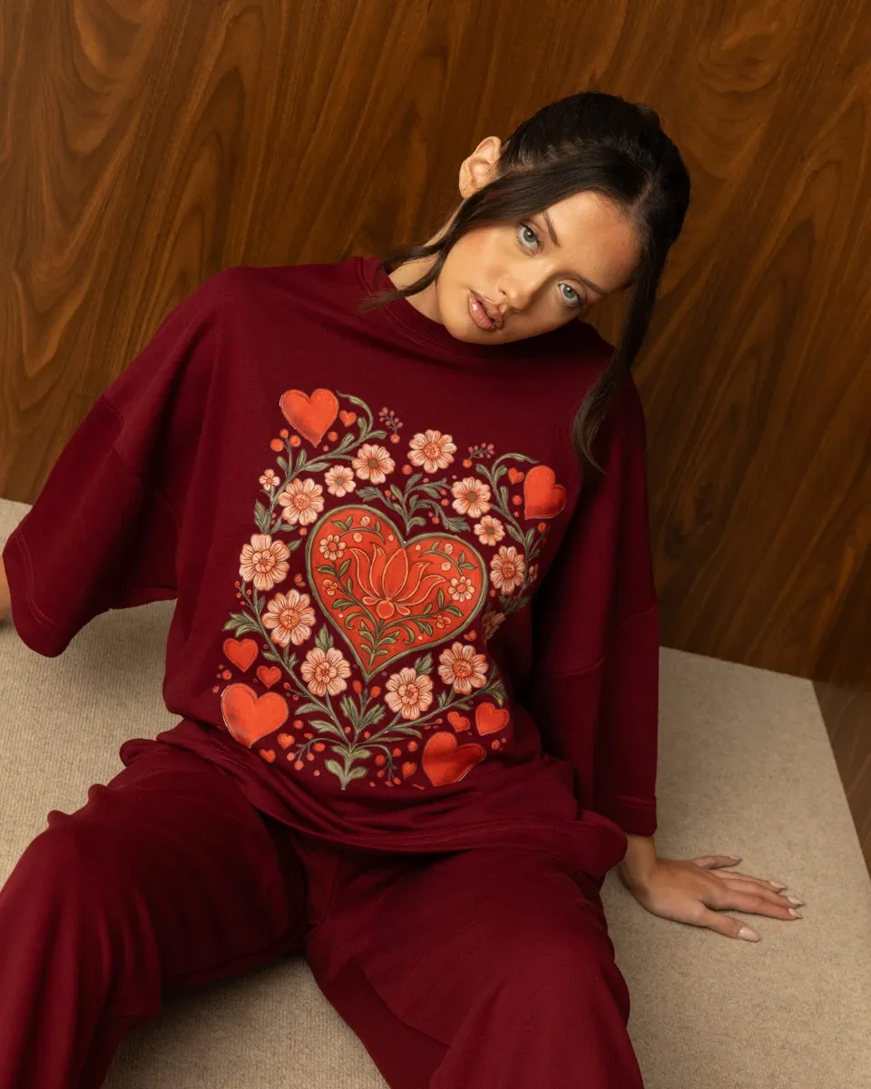HEARTBLOOM SWEATSHIRT – BURGUNDY / Μπορντό φούτερ μπλούζα με καρδιά print