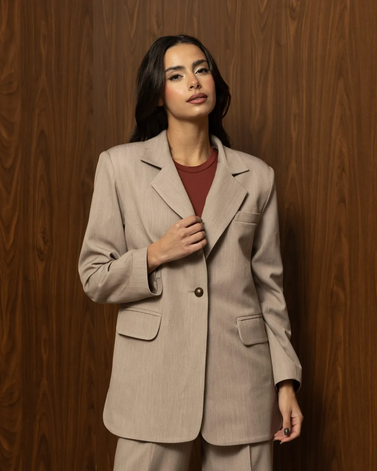 CALM POWER BLAZER – Μονόκουμπο greige σακάκι με φόδρα και τσέπες